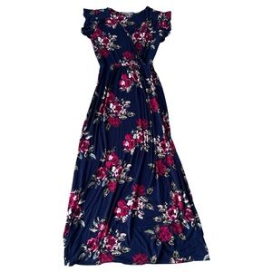 Loveappella Navy Floral Maxi Dress Size Small V Neck Boho Spring Summer